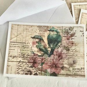 Set of 5 Collage w/pr of Birds small handmade folded blank gift, greeting, journ